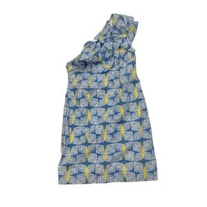 Lilly Pulitzer Sandra Dress 4 One Shoulder Blue Dandelions Ruffles Butterflies